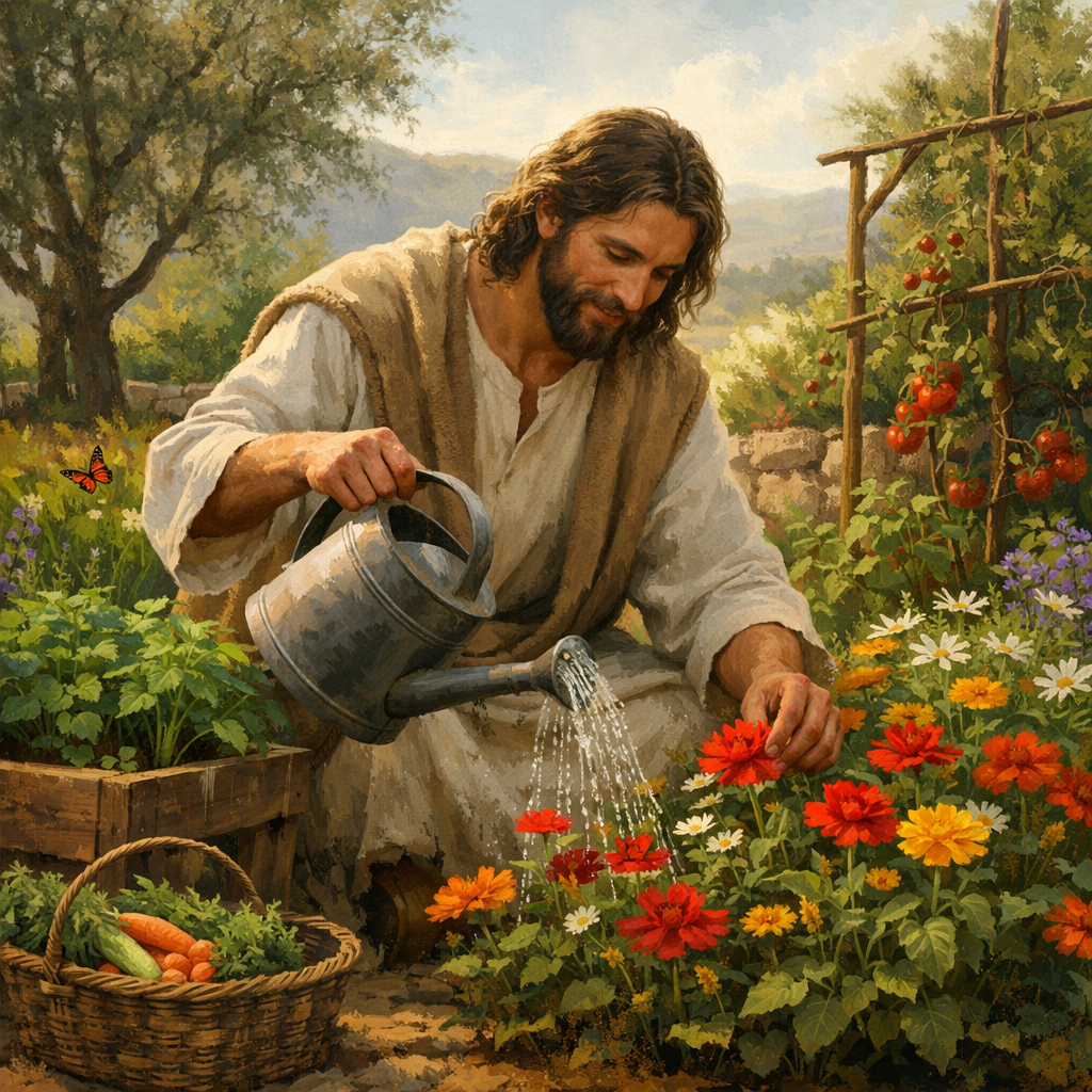 Man watering red, orange, and white flowers in a garden with a watering can