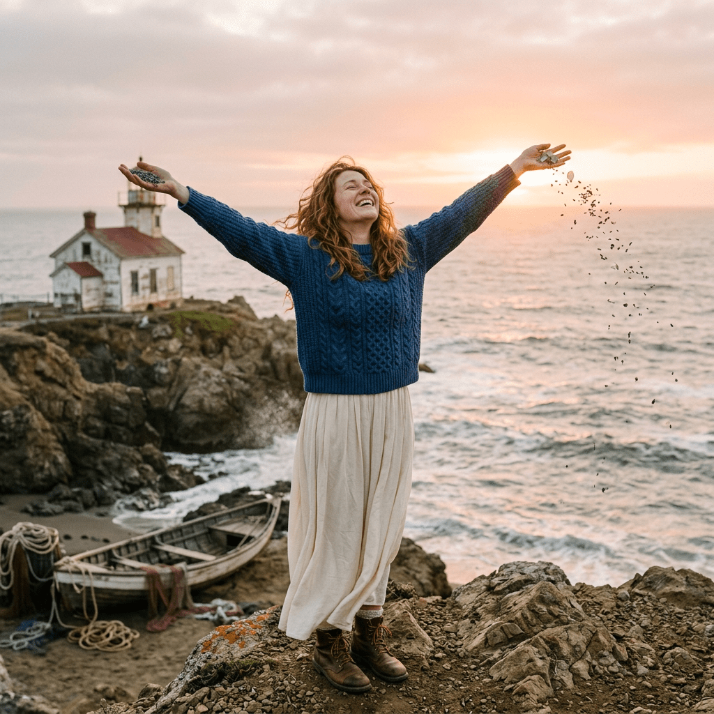 A woman in a blue sweater and white skirt standing on rocks near the ocean with arms outstretched throwing pebbles, lighthouse and boat in background