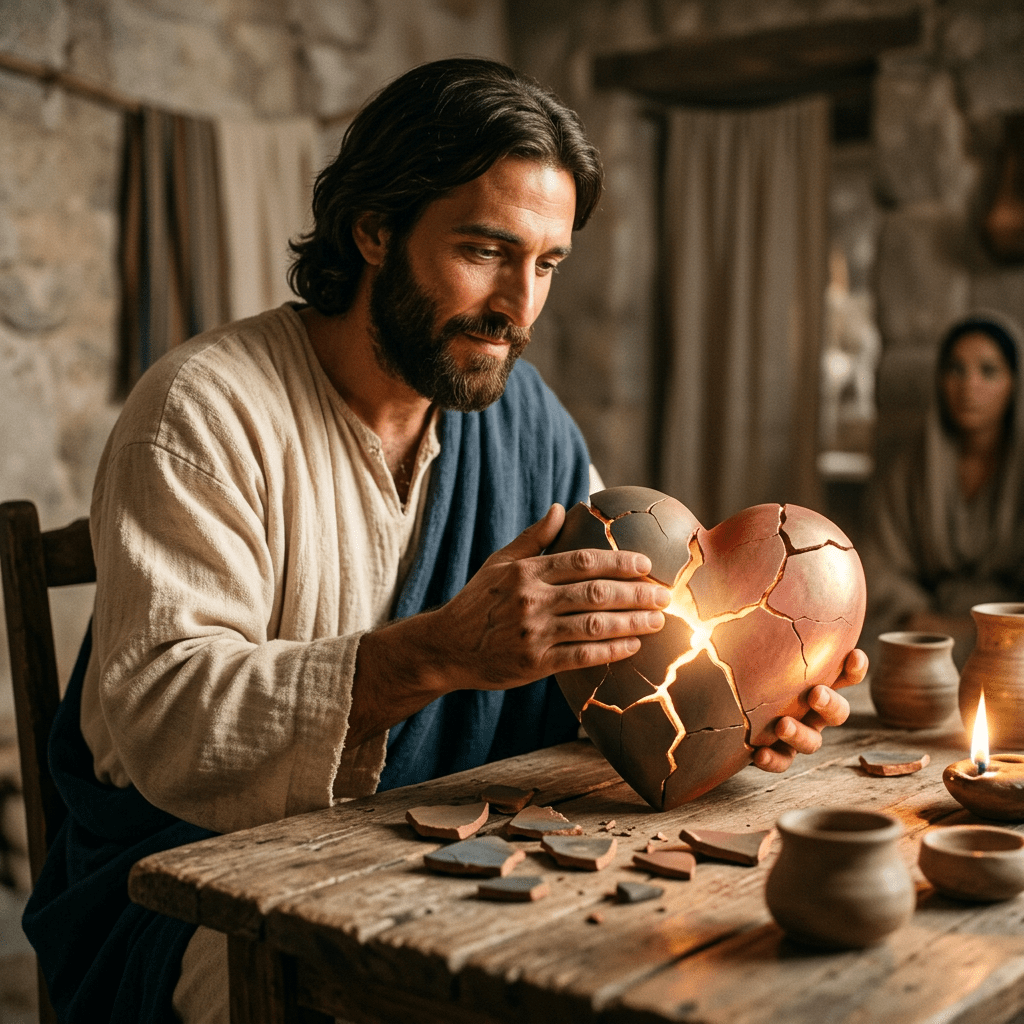 Man holding a cracked, glowing heart-shaped pottery with gentle care