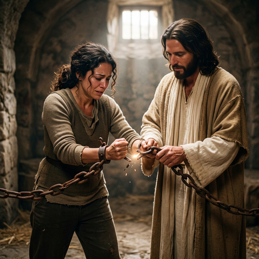 Man assisting woman in breaking metal chains in a stone cell