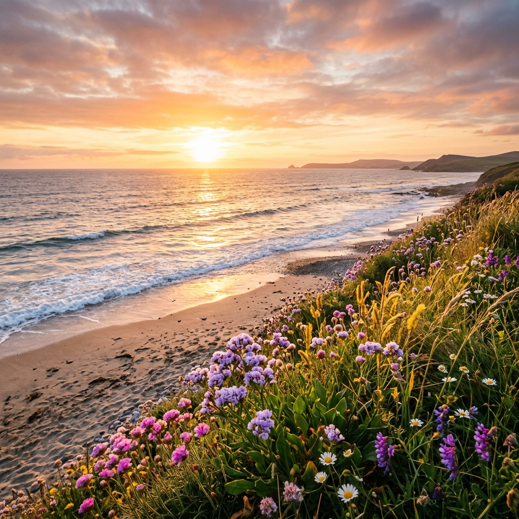 Sunset over ocean with sandy beach and colorful wildflowers in foreground