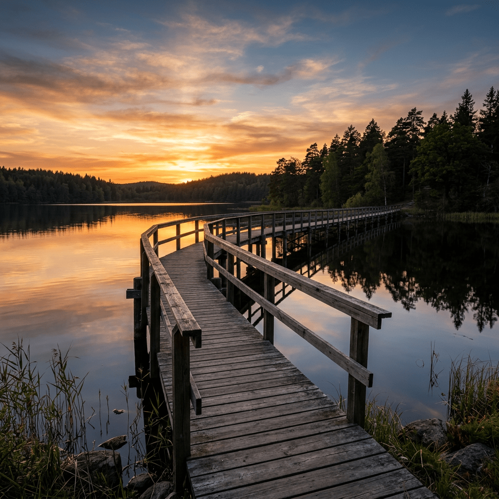 Wooden pier extending over a peaceful lake reflecting sunset colors